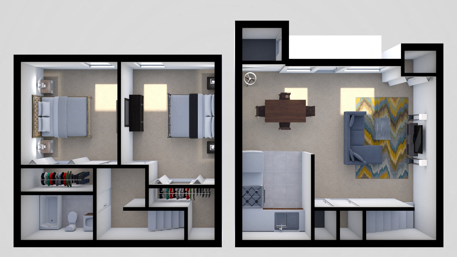 Floor plan for 2 beds, 1 bath, 809 sqft